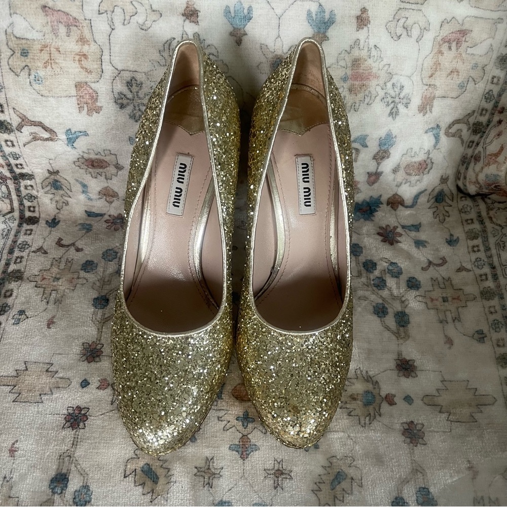 Miu Miu Sequin Sparkling Gold Heels